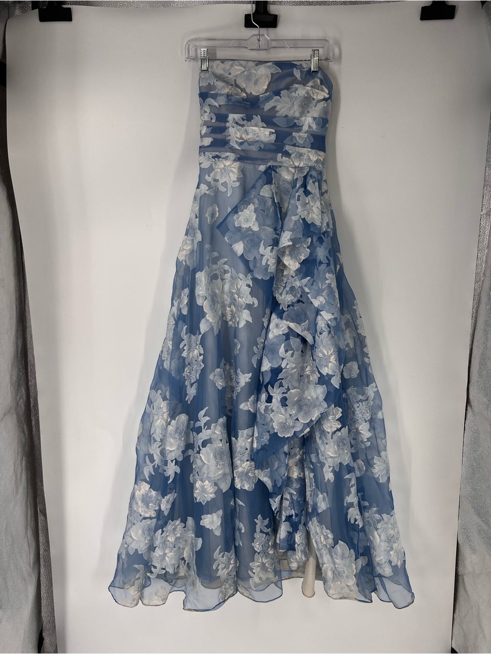 Dress The Population Blue Floral Ruffled Strapless Formal Maxi Dress Gown SP